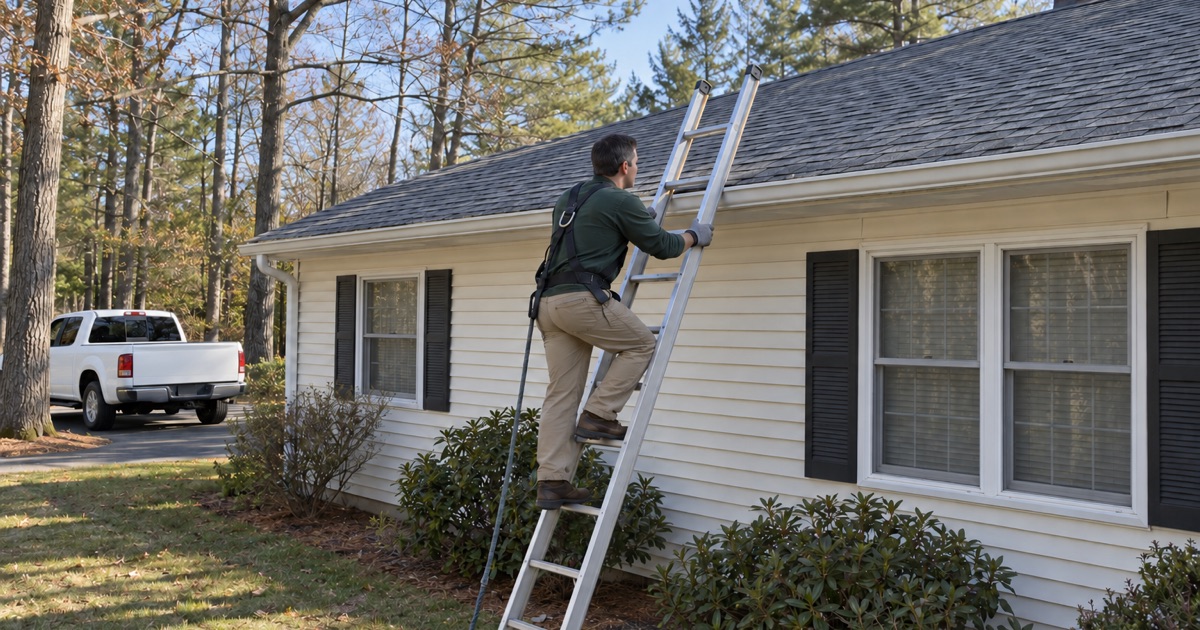 A roofer climbing a ladder onto a Jackson Township roof at the start of a working day.