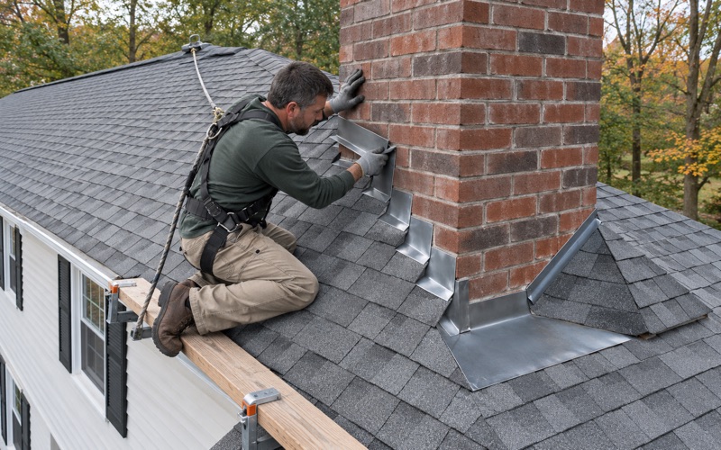 New counter flashing set into a mortar joint on a brick chimney on a Jackson Township colonial.