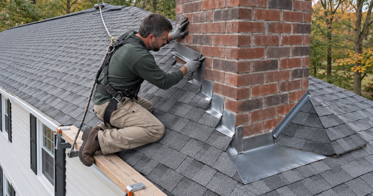 New counter flashing set into a mortar joint on a brick chimney on a Jackson Township colonial.
