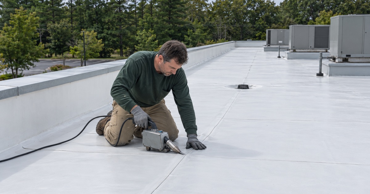 A roofer welding a seam on a new white membrane roof of a one-story commercial building in Jackson Township.
