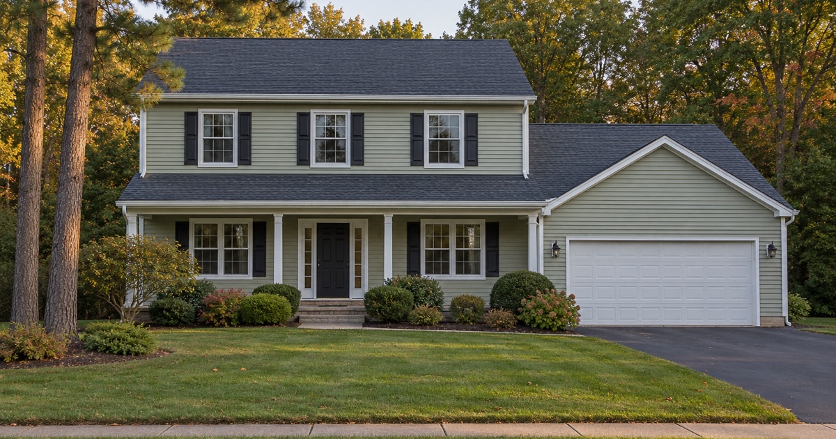 A finished new roof on a Jackson Township colonial in evening light, gutters and trim complete.