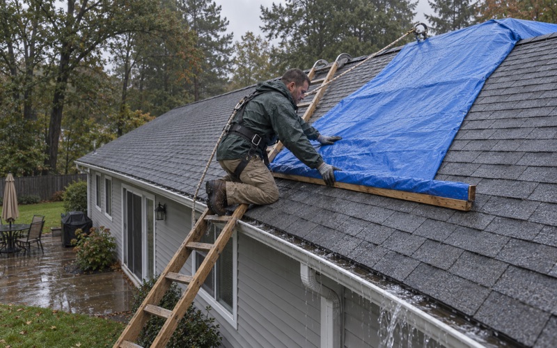 A blue tarp being battened over a storm-damaged roof in the rain on a Jackson Township ranch.