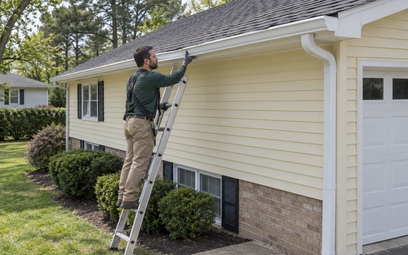 A new seamless gutter being fitted along the eave of a Jackson Township split-level.