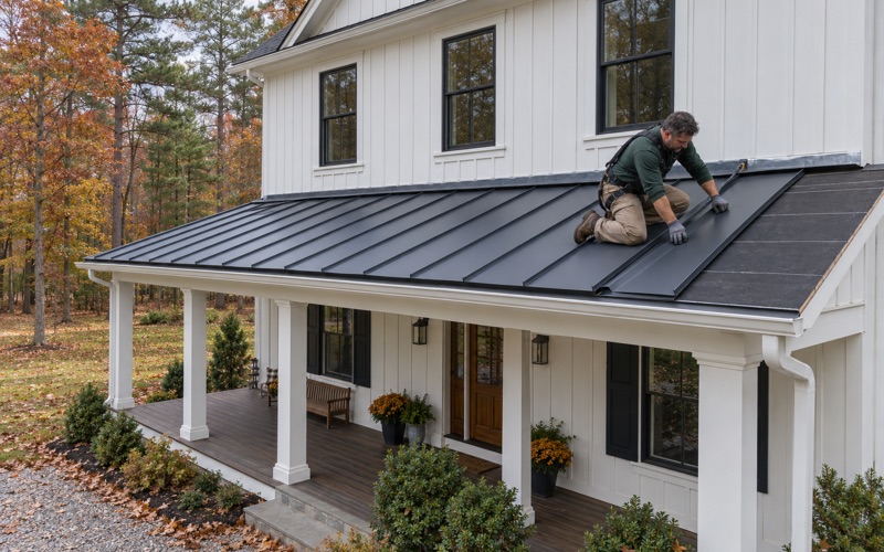 A roofer seating a standing-seam metal panel on a Jackson Township farmhouse-style home on a wooded lot.