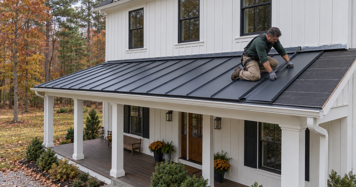 A roofer seating a standing-seam metal panel on a Jackson Township farmhouse-style home on a wooded lot.