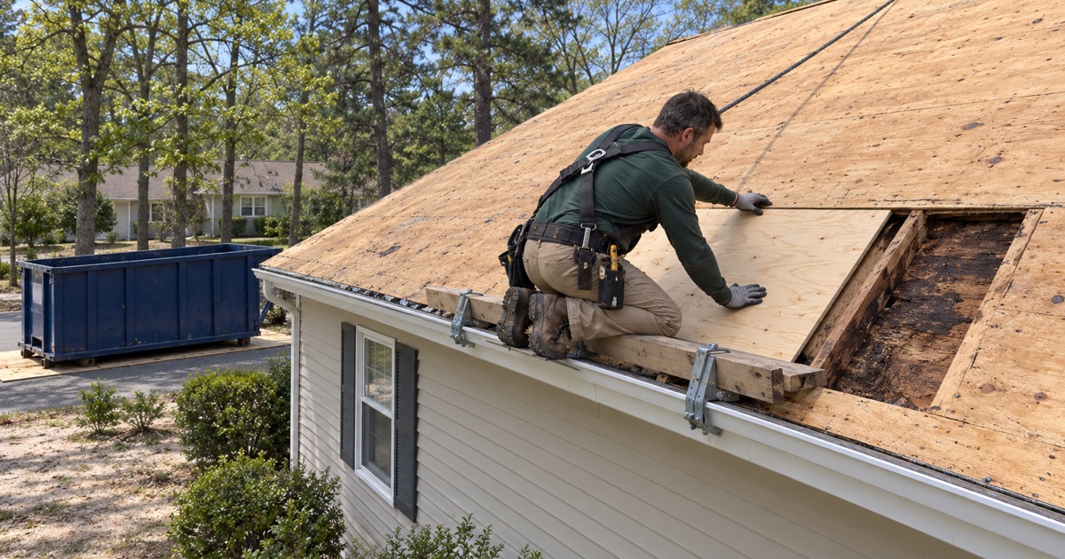 A rotted section of roof deck being replaced with new plywood during a tear-off on a Jackson Township ranch.