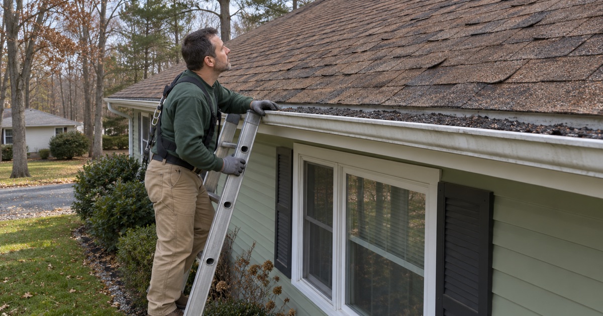 A roofer on a ladder checking an aging roof at the gutter line of a Jackson Township ranch, loose granules in the trough.
