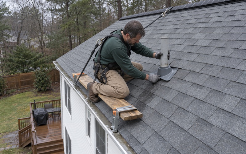 A new pipe boot being seated around a plumbing vent to stop a roof leak on a Jackson Township colonial.