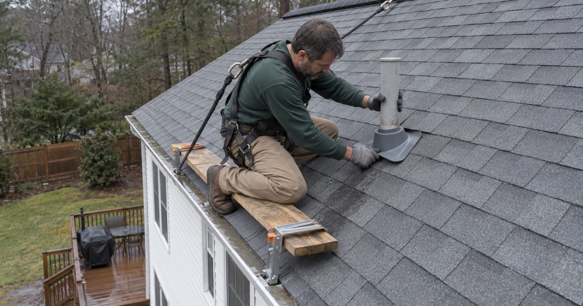 A new pipe boot being seated around a plumbing vent to stop a roof leak on a Jackson Township colonial.