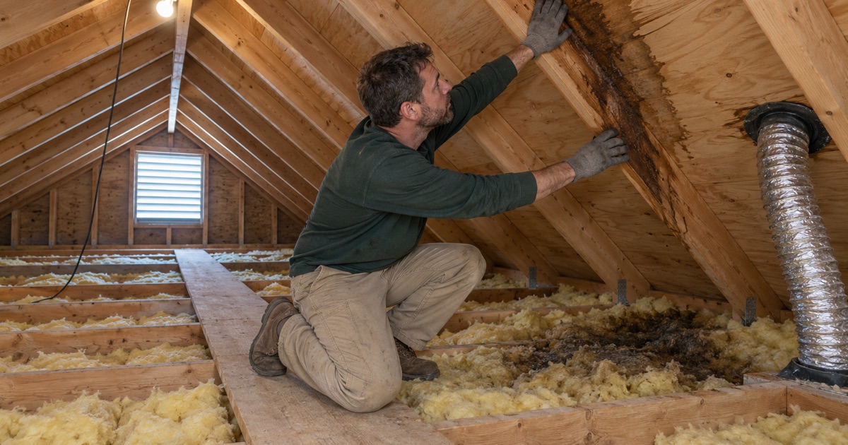A roofer in the attic of a Jackson Township house following a leak’s water stain down the underside of the roof.