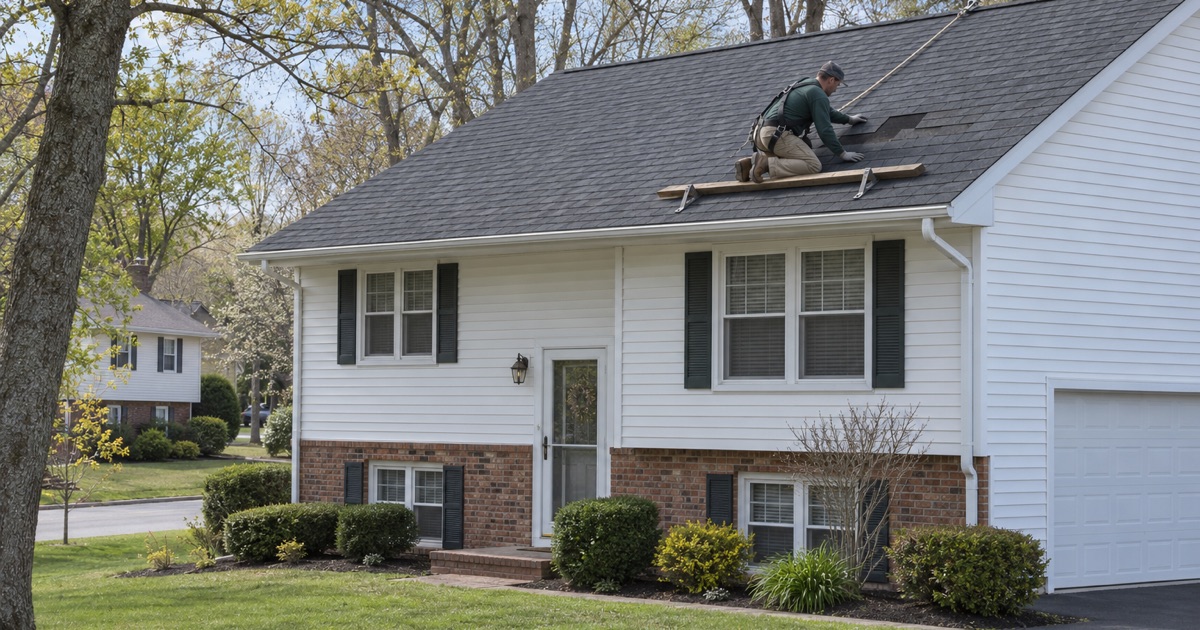 A roofer sliding a replacement shingle into a gap on the front slope of a Jackson Township bi-level.