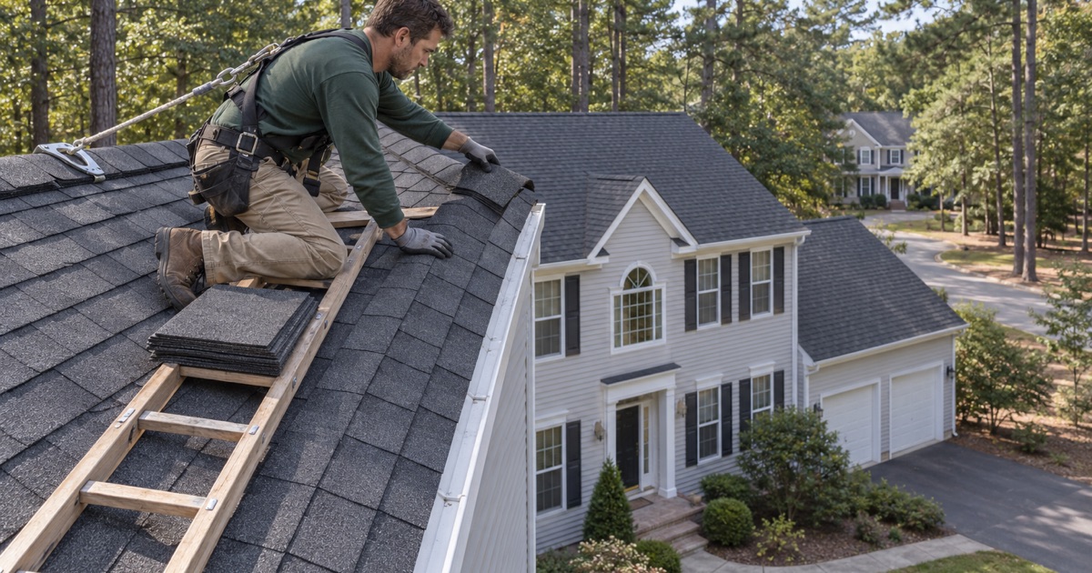 A roofer setting ridge cap shingles along the top of a new roof on a wooded-lot colonial in Jackson Township.