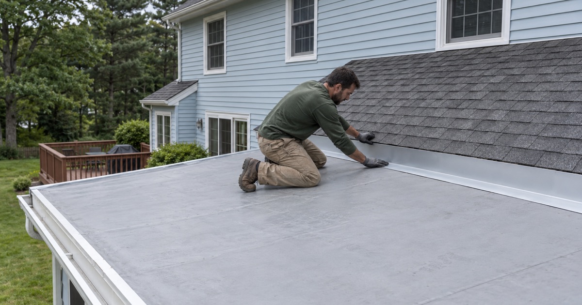 A roofer fitting the metal transition where a shingle roof meets a low-slope rear roof on a Jackson Township house.