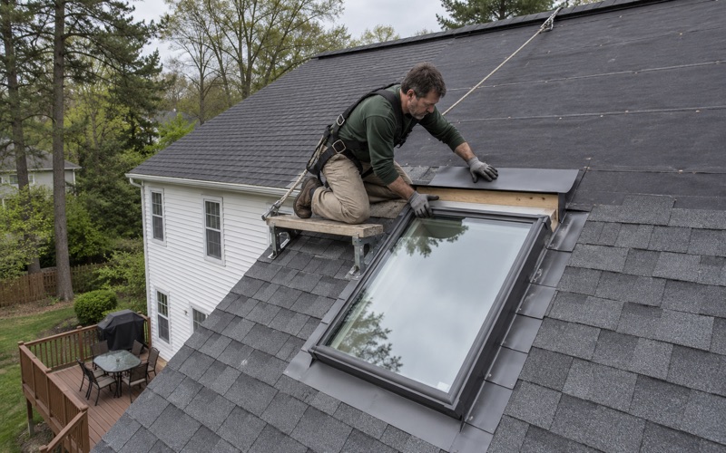 A new skylight being flashed into the rear slope of a Jackson Township colonial.