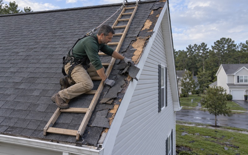 A roofer clearing wind-torn shingles from the rake edge of a Jackson Township house after a storm.
