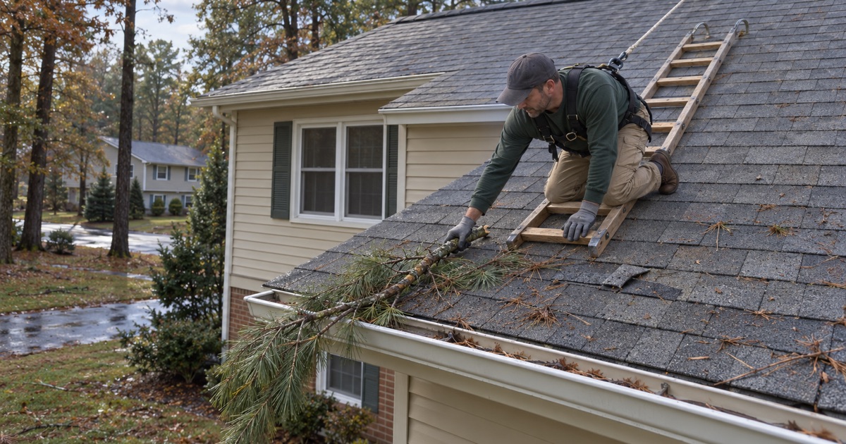 A roofer dragging a storm-downed pine limb off the roof of a Jackson Township split-level after a nor’easter.
